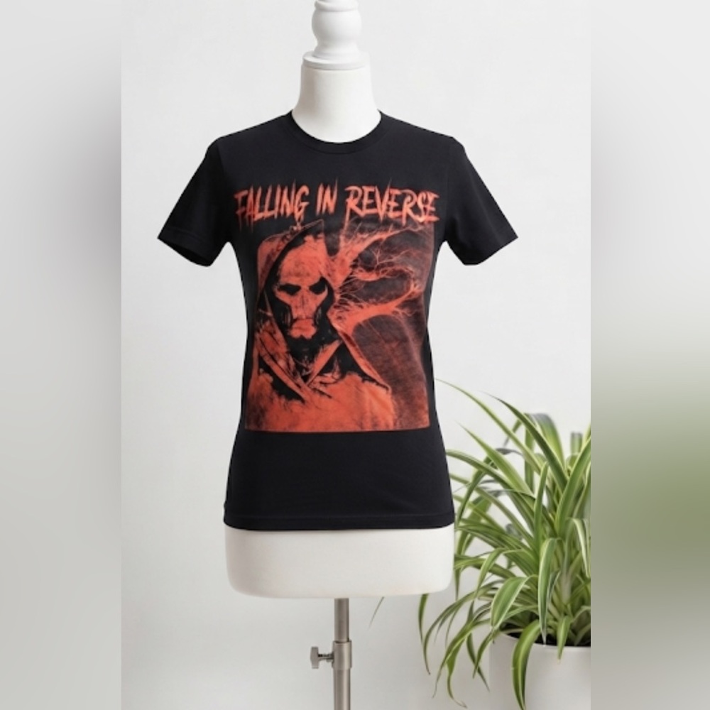 Black Graphic Tee with Orange 'Falling In Reverse' Artwork